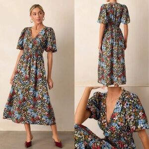 MINKPINK JOSIE PUFF SLEEVE MIDI DRESS size small ditzy floral smocked cottage